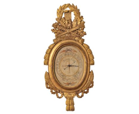 BarometerParis, E. 18. Jh., von Claudius LacourNach Torricelli und Réaumur; Hochovaler Rahmen, reich dekoriert mit Trophäen, 