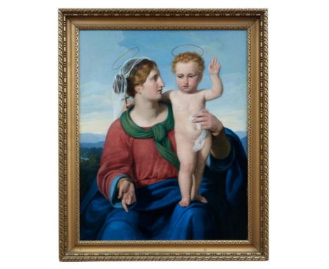 Madonna mit Kind vor weiter LandschaftNazarener des 19. JahrhundertsSitzende Muttergottes mit dem auf ihrem Schoß stehenden J