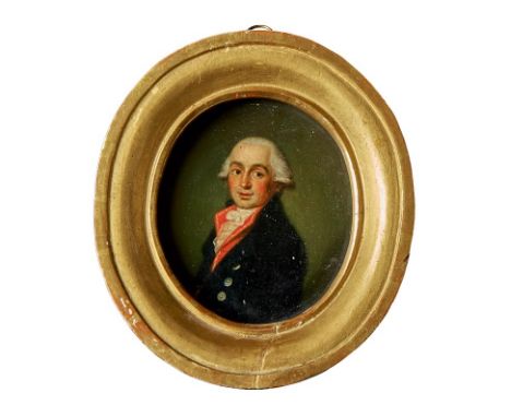 HerrenbildnisUm 1800Im Oval halbfiguriges Portrait eines Mannes in dunkelblauem Rock und roter Weste.Öl/Holztafel. Rückseitig