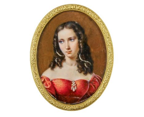 Watteville, Félicie dePortrait einer jungen Frau(1795-1837) Ovales Bildnis einer jungen Frau in rotem Kleid mit Perlenstränge