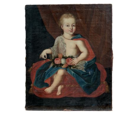 Barockbildnis eines vornehmen KindesSüddeutschland, 18. Jh.Vor Draperie auf einem Kissen sitzendes Kind mit Blumengebinde im 