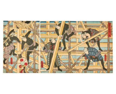 Utagawa Kunisada (Toyokuni III.)Szene auf dem Gerüst (Bauarbeiter)(Honjo 1786-1865 Edo) Farbholzschnitt Triptychon; 1858. Sig