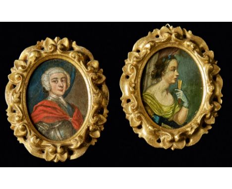Miniaturpendants eines adligen PaaresNach Vorbild des 18. Jh.Ovaler Bildausschnitt mit Portraitdarstellung. Öl/Kupferblech. 6