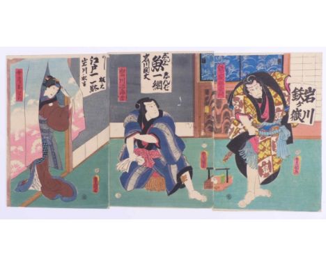 Utagawa Kunisada (Toyokuni III.)Kabukiszene(Honjo 1786-1865 Edo) Farbholzschnitt Triptychon; 1859. Signatur in Toshidama-Kart