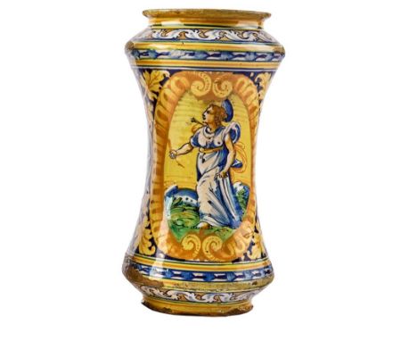 Albarello mit der heiligen Philomena von RomSizilien, Palermo, A. 17. Jh.Schlanke Zylinderform mit leicht eingezogener Wandun