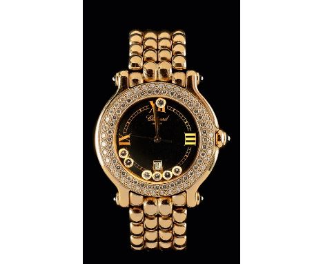 Chopard-DamenarmbanduhrModell "Happy Sport"Rundes Gehäuse, Brillantlünette, schwarzes Zifferblatt mit römischer Minuterie,Dat