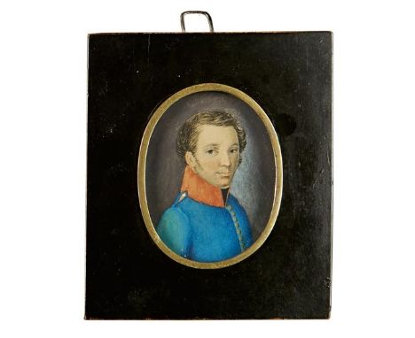 Miniaturportrait eines SoldatenA. 19. Jh.Brustbild eines jungen Mannes im Uniformrock. Aquarell/Karton. 5 x 6,5 cm, unter Gla