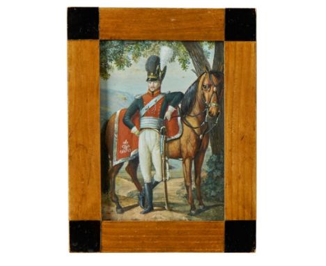Portrait eines bayerischen ChevaulegersAnf. 19. Jh.Ganzfigurige Darstellung eines Mannes in Uniform vor seinem Pferd stehend,