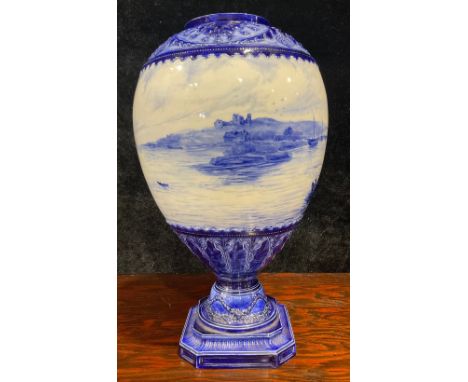 A Royal Crown Derby ovoid pedestal vase, painted in the manner of W.E.J. Dean, with seascape, in tones of blue, 29cm high, pr