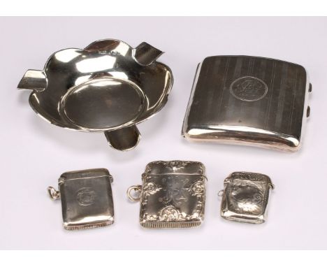 A George V silver rounded rectangular cigarette case, engine turned, monogrammed and dated 1918, Birmingham 1916, 104g; an Ed