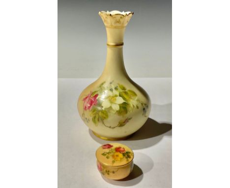 A Royal Worcester vase, painted with wild roses; a rouge pot and cover (2) 