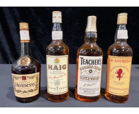 A bottle of Teacher's Highland Cream Scotch whisky; others, Haig Scotch whisky; Hennessey Cognac; McAndrew's Scotch whisky (4