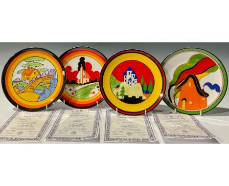 A set of four Wedgwood, Clarice Cliff Bizarre collector's plates, Farmhouse, Blue Lucerne, Orange House, Orange Roof Cottage,