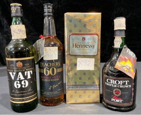 A bottle of Hennessey Cognac, boxed; others, Teacher's 60 Reserve Stock Scotch whisky; VAT 69 Scotch; Croft Port (4) 
