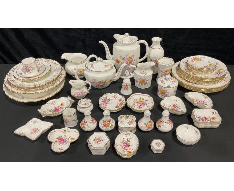 A Royal Crown Derby Posies pattern teapot, coffee pot, water jug, milk jug, cream jug, preserve pot and cover, candle snuffer