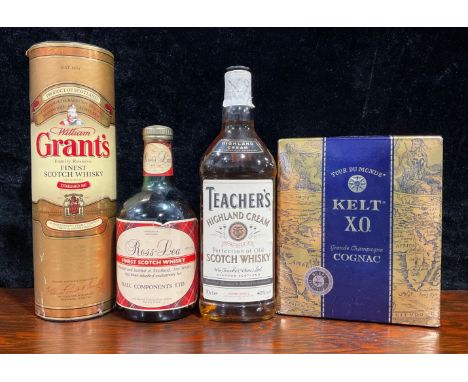 A bottle of Grant's Scotch whisky, 70cl, in cardboard cylinder box; a bottle of Teacher's Scotch whisky; a bottle of Ross-Lea