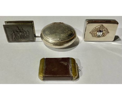 A Robin Hood brand snuff box; an Armorial snuff; a matchbox case; a vesta 