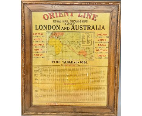Shipping - a timetable, Orient Line of Royal Mail steam-ships between London and Australia, polychrome lithograph, 53.5cm x 4
