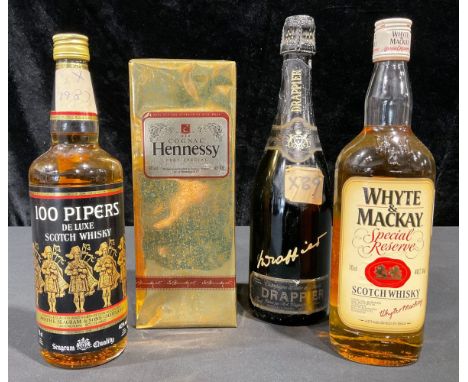 A bottle of Hennessey Cognac, boxed; others, 100 Pipers Scotch whisky; Whyte &amp; Mackay Scotch whisky; Drappier Champagne (
