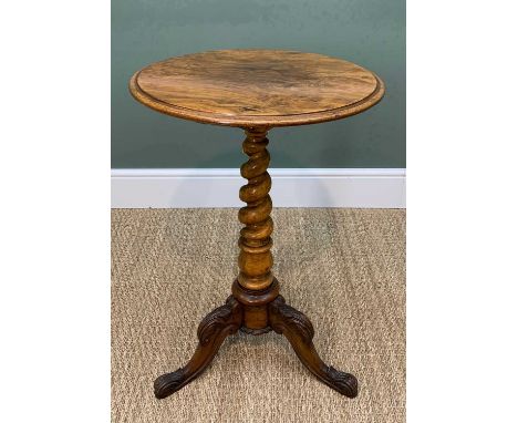 VICTORIAN FIGURED WALNUT TRIPOD TABLE, moulded top on tapering barley-twist column, carved cabriole legs, 48cms diameterProve