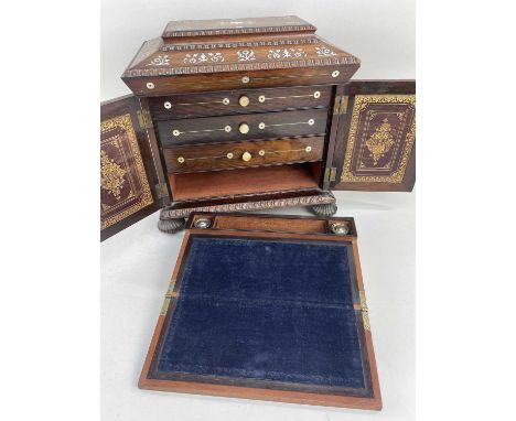 19TH CENTURY ROSEWOOD JEWELLERY, WRITING &amp; WORK BOX COMPENDIUM, mother of pearl inlay, the blind panel doors revealing fo