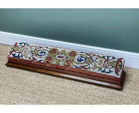 VICTORIAN ROSEWOOD PRAYER STOOL, slanted stuffover cushion with beadwork cover, pad feet, 122cm wideComments: front moulding 