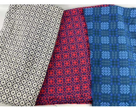 THREE LENGTHS OF WELSH GEOMETRIC PATTERNED TAPESTRY FABRIC, 1. blue and green peacock coloured, 150 x 143cms 2. red and navy 