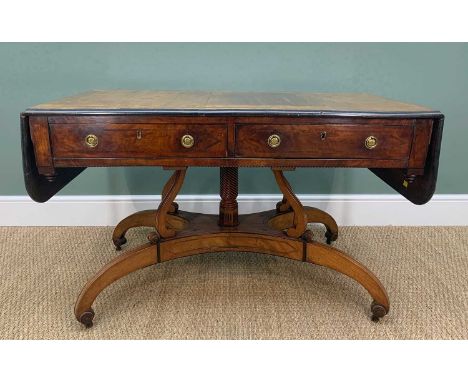 REGENCY ROSEWOOD &amp; MAHOGANY SOFA TABLE, the top crossbanded top with rounded corners and ebonised moulded edge, above dra