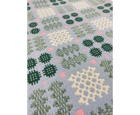 VINTAGE WELSH WOOLLEN TAPESTRY BLANKET / CARTHEN geometric design in pale blue, pink and greens, reversible, with fringe, 225
