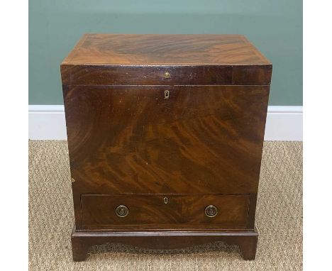 MAHOGANY WINE COOLER, with hinged lid and lower drawer above a draped apron on bracket feet, six baize lined compartments to 