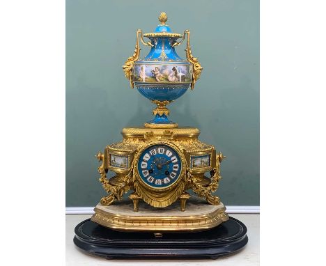 19TH CENTURY FRENCH PORCELAIN MOUNTED ORMOLU MANTEL CLOCK, with spring-driven bell striking movement, the case inlaid with Se