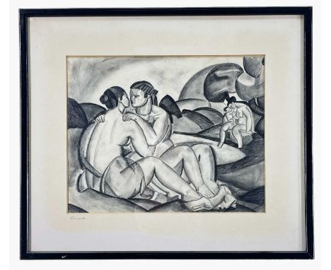 EARLY 20TH CENTURY FRENCH SCHOOL pencil drawing - The Embrace, seated lovers kissing, mount signed 'Lenoir'(?), 24 x 30cmsCom