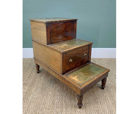 GEORGE IV MAHOGANY THREE-TIER COMMODE BED STEPS, each tread with tooled leather panel, two with hinged lids, and a drawer, tu