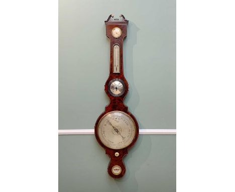 19TH CENTURY MAHOGANY FIVE-GLASS WHEEL BAROMETER, swan neck pediment above a silvered thermometer, hygrometer, convex mirror 