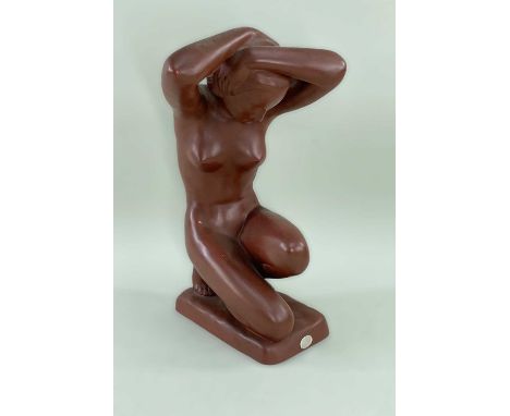 JOSEF LORENZL FOR GOLDSCHEIDER VIENNA, pottery sculpture female kneeling nude on rectangular base, applied foiled paper label