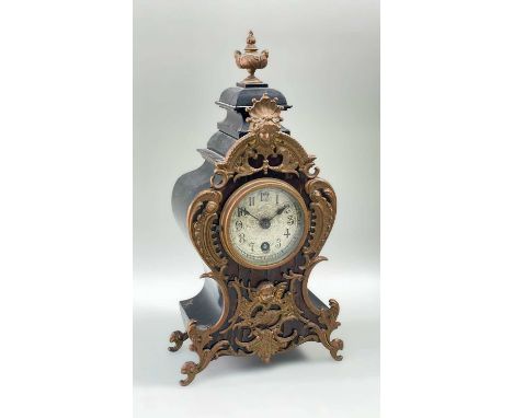 GERMAN ROCOCO-STYLE GILT METAL MOUNTED MANTEL CLOCK, ebonised rosewood case with silvered arabic dial, movement stamped 'Lenz