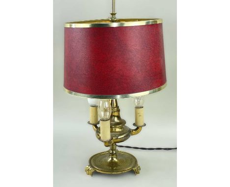 GILT BRASS BUILLOTTE TABLE LAMP, with adjustable red shade, three lights, circular base raised on three bracket feet, cm hPro