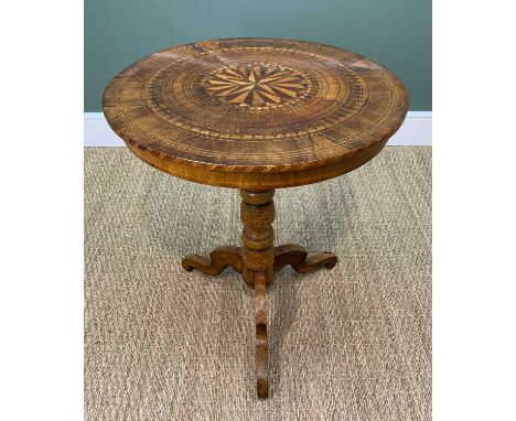 19TH CENTURY PARQUETRY TRIPOD TABLE, with turned column and square section cabriole legs, 71 h x 60cms diam.Provenance: conte