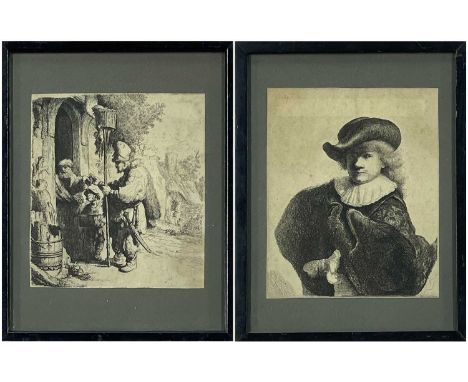 AFTER REMBRANDT HARMENSZ VAN RIJN, two etchings - The Rat Catcher, signed with initials in plate, 13.5 x 12.1cm; and Self-por