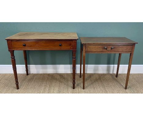 TWO 19TH CENTURY MAHOGANY SIDE TABLES, one with turned legs and double-reeded top, 77h x 91w x 52.5cms, other with square tap