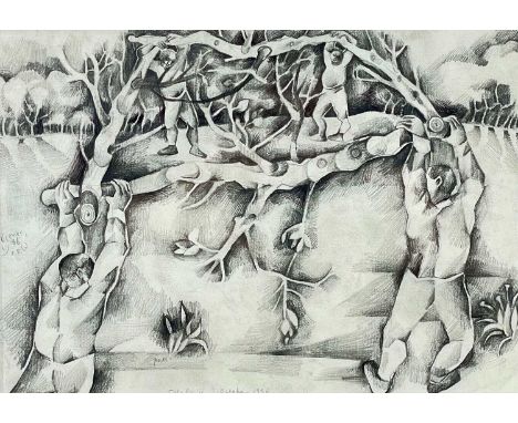 DAVID BREUER-WEIL (British, b. 1965), pencil - four figures holding up a frame of branches, entitled 'Tel-Aviv, October 1996'