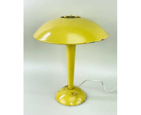 BAUHAUS-STYLE TABLE LAMP, shallow domed metal shade with frosted glass diffuser, tapering circular column, domed base.Comment