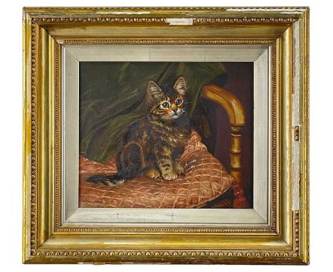 WILSON HEPPLE (BRISTISH 1854-1937) oil on canvas - study of a seated kitten on cushion, signed and believed dated 1911, 24.5 