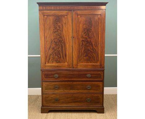 19TH CENTURY MAHOGANY &amp; SATINWOOD CROSS-BANDED LINEN PRESS, panelled fielded doors above secretaire drawer, and two furth