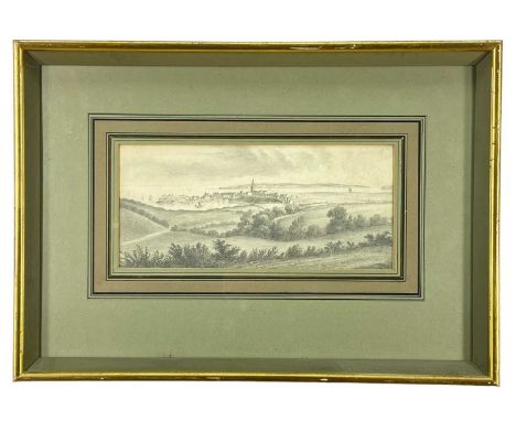 19TH CENTURY DUTCH SCHOOL pencil drawing - view from high ground across harbour with sailboats, church and houses, unsigned, 