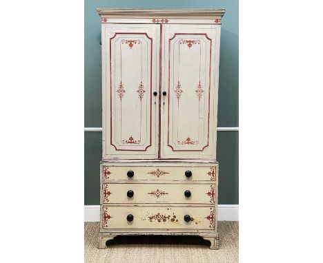 19TH CENTURY LATER PAINTED PINE LINEN PRESS with panelled doors, three slides on chest base raised on bracket feet, 105 w x 5