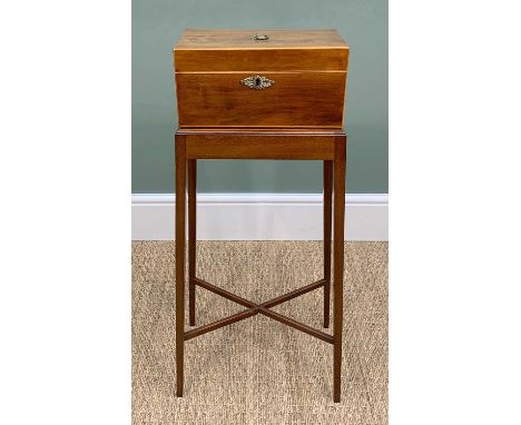 GEORGE III MAHOGANY TEA CADDY, on later stand with tapering square legs joined by X-stretcher, 15 x 29cmsProvenance: contents