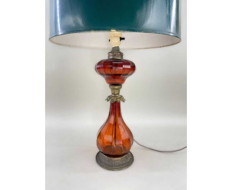 19TH CENTURY GILT METAL MOUNTED AMBER GLASS OIL LAMP, faceted baluster body and oil receptacle (converted to electricity), la