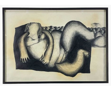 MARGARET McKEAN (South African, b. 1936) pencil - Reclining Female, hillocks and raincloud in the distance, 58 x 83cm