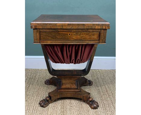 EARLY 19TH CENTURY ROSEWOOD GAMES / WORK TABLE, folding moulded top opening to reveal satinwood chess board above frieze draw